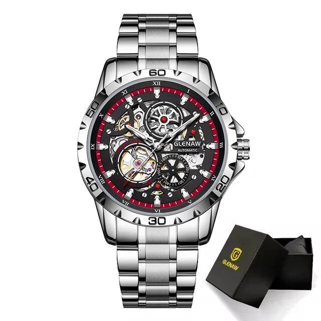 Grenau Steampunk Skeleton Men's Watch with Ring, Luxury Automatic Mechanical Watch, Luminous and Waterproof, Stainless Steel Strap, Parallel Import