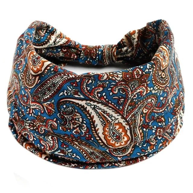 New Boho Floral Print Wide Headband with Vintage Knot Elastic Turban Headwrap for Women and Girls, Cotton Soft Bandana Hair Accessory, Parallel Import