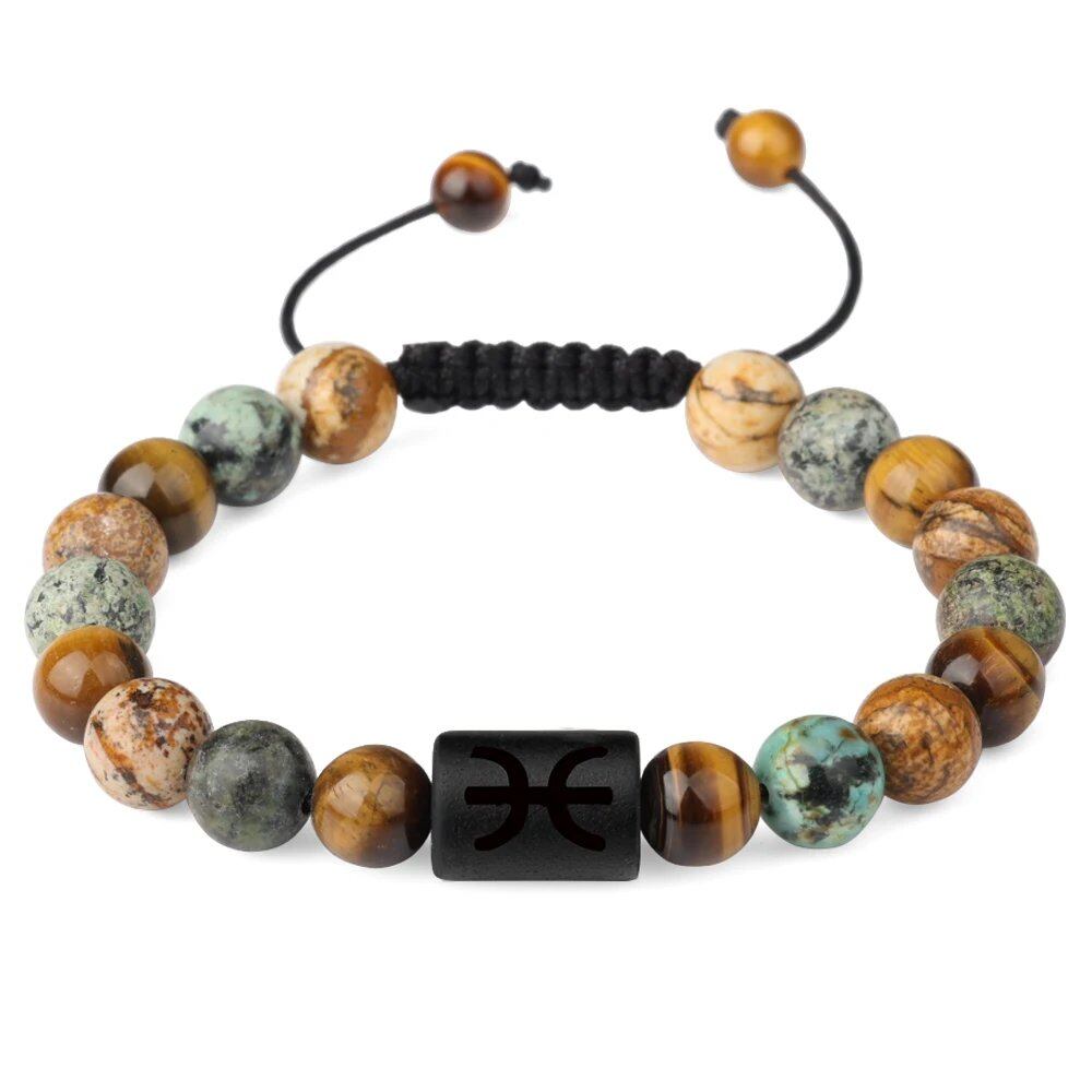 12 Zodiac Sign Beaded Bracelet, Natural Tiger Eye Stone, Zodiac Sign Bracelet for Men and Women, Charm Jewelry, Gift, Metal Color: Parallel Import