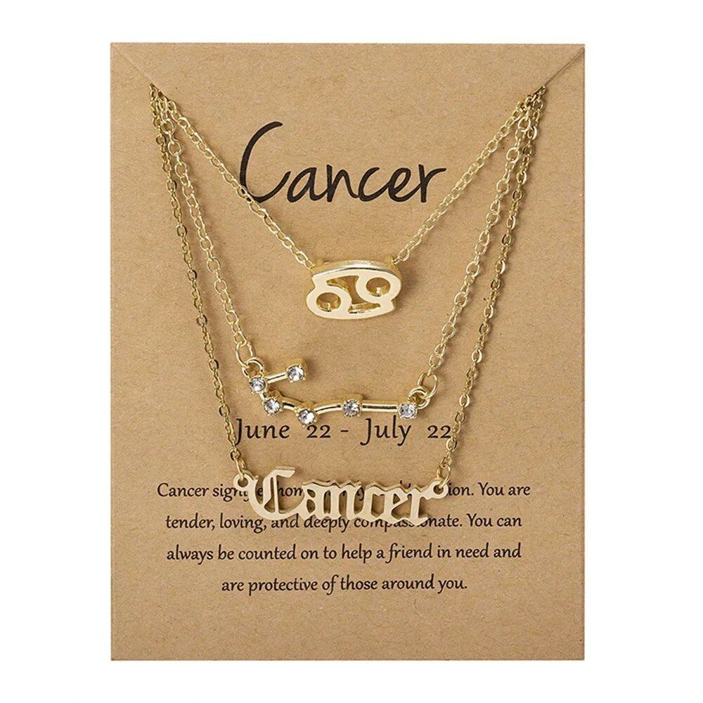 Set of 3 Women's 12 Zodiac Sign Necklaces with Pendant Chains, Chokers, Birthday Jewelry, Cardboard Cards, 45cm Long; Metal Color: 6252, Parallel Import