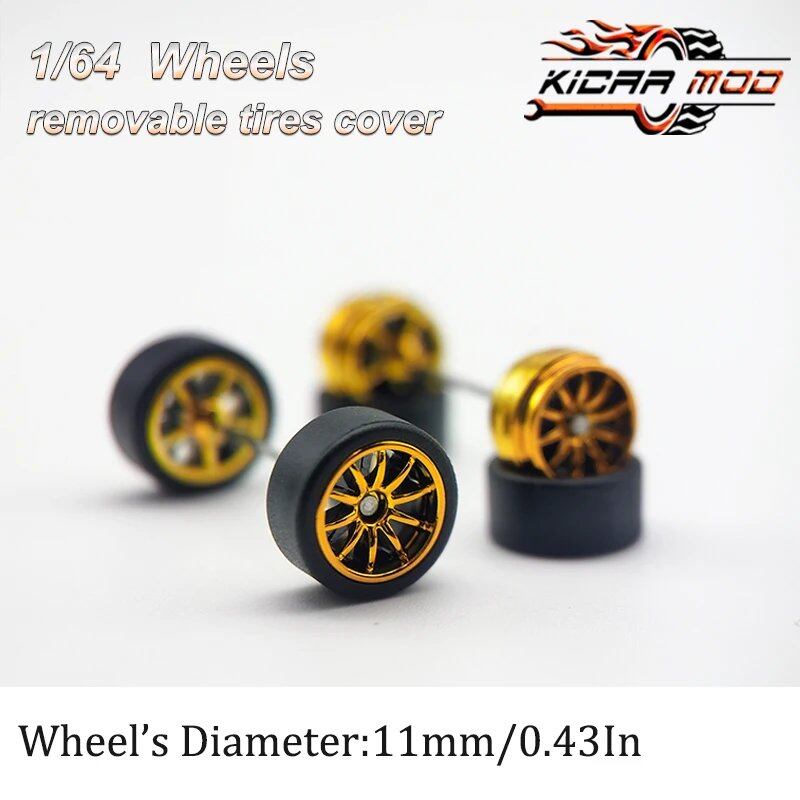 1/64 Scale RLC Premium Wheels with Rubber Slick Tires, 10-Spoke, 11mm Diameter, for Hot Wheels Model Cars (1 Set), Parallel Import