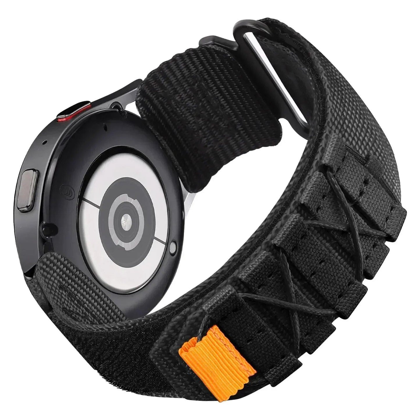 Compatible with Samsung Galaxy Watch 7, 6, 5, 4 (40mm), 5 Pro, 6 Classic (47mm), and HUAWEI WATCH 4, GT3, and 4 Pro. Nylon sports strap (22mm and 20mm). Sizes: mm. Parallel import.