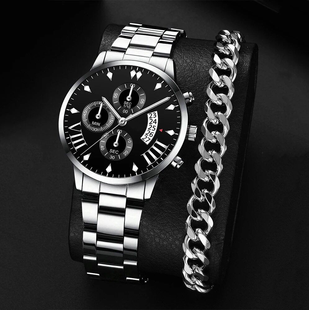 New Hot Watch Men's Stainless Steel Wristwatch, Luxury Quartz Calendar Business Watch, Parallel Import