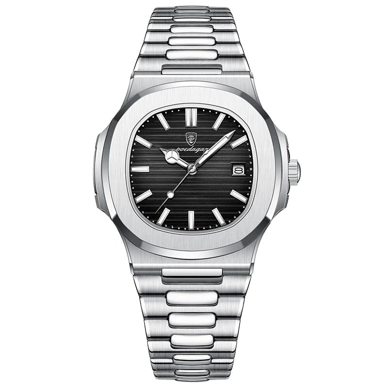 POEDAGAR Stainless Steel Men's Watch, Waterproof, Business Style, with Calendar, Quartz Movement, Luxury Laminated Square Design, Parallel Import