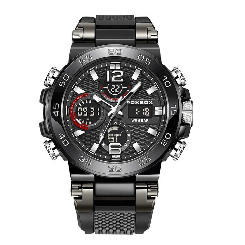LIGE Men's Watch, 50m Water Resistant, with Alarm, LCD Dual Display, Quartz Movement, Military Sports Watch, Parallel Import