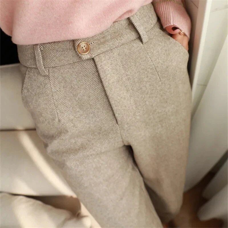Women's Wool Harem Pencil Pants, Fall/Winter 2024, High-Waisted, Casual Suit Pants, Wide-Leg Pants for Office Ladies, Size: Parallel Import