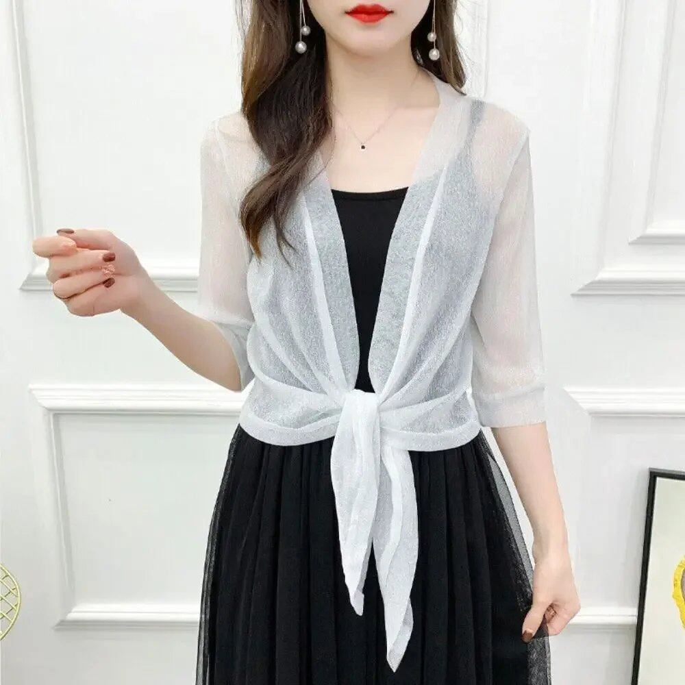 Glitter Tie-Up Open Front Shrug, Women's Cropped Shawl, Beachwear, Summer, Sun Protection, Air Conditioning Protection, Parallel Import
