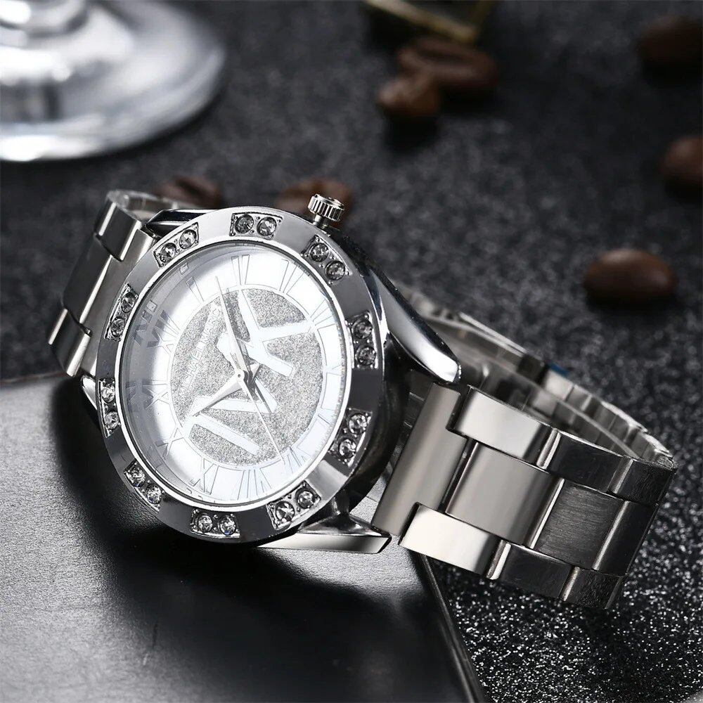 UTHAI Women's Diamond-Set Quartz Watch with TVK Logo, Fashion Stainless Steel Bracelet, Gold, Trendy Clock Watch for Men, Parallel Import