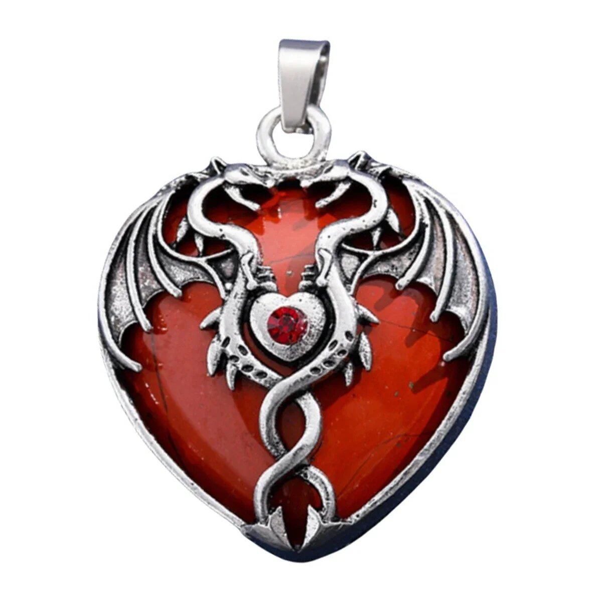 Natural Power Stone Heart-Shaped Antique Silver Alloy Double Dragon Pendant Top for DIY Jewelry Making, Healing, Chakra, and Spiritual Use, 32x42mm, Metal Color: Parallel Import
