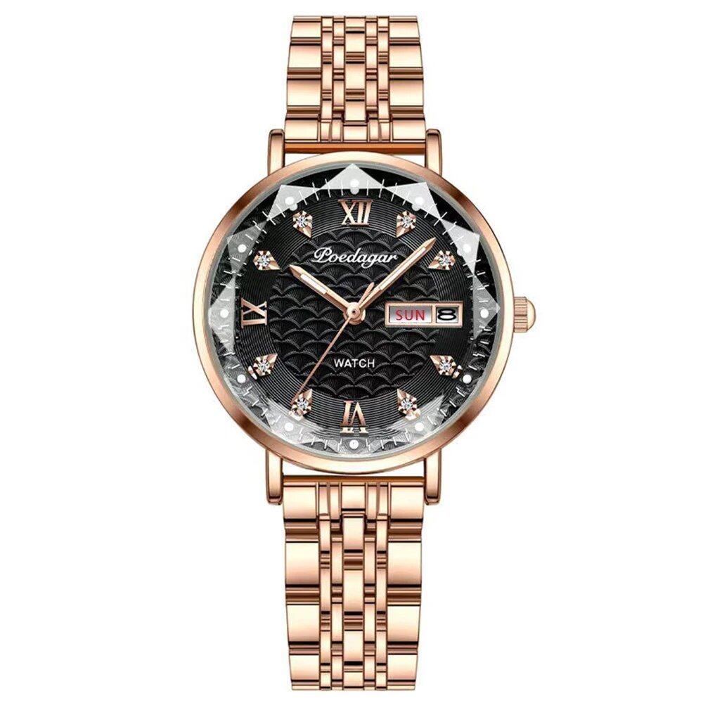POEDAGAR Women's Watch, New Fashion, Luxury Stainless Steel Bracelet, Simple Rose Gold, Waterproof, Luminous, Color: 3011, Rose Gold, Parallel Import