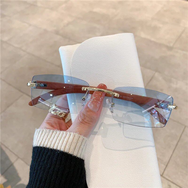 Men's and Women's Frameless Imitation Wood Grain Mirrored Leg Sunglasses, Fashionable, Parallel Import