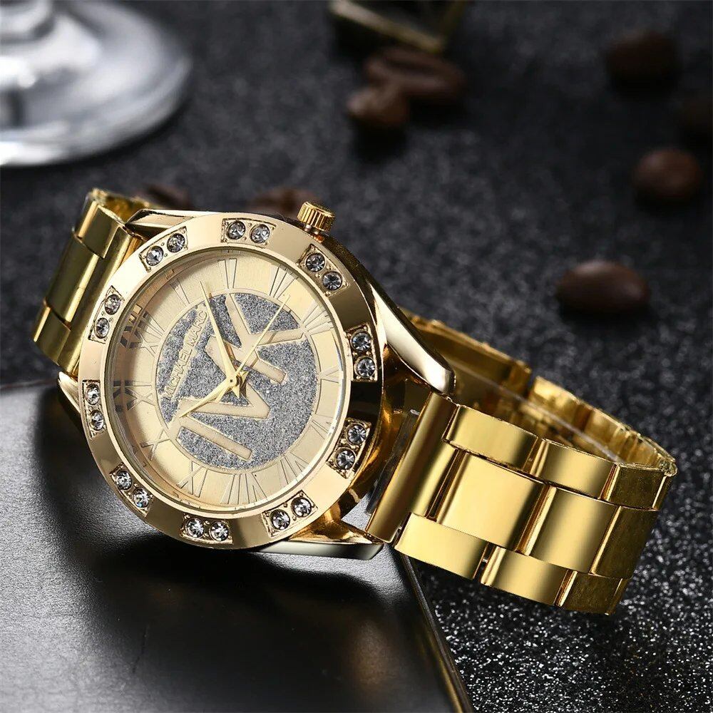 UTHAI Women's Diamond-Set Quartz Watch with TVK Logo, Fashion Stainless Steel Bracelet, Gold, Trendy Clock Watch for Men, Parallel Import