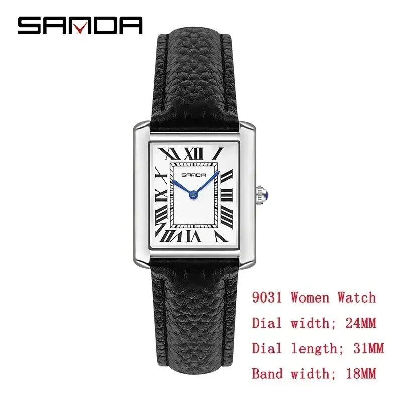 SANDA 1108 Square Dial Waterproof Sport Casual Luxury Couple Watch for Men and Women, Scratch-Resistant Leather Quartz Movement, 9031 Color: Cannot be customized, Parallel Import