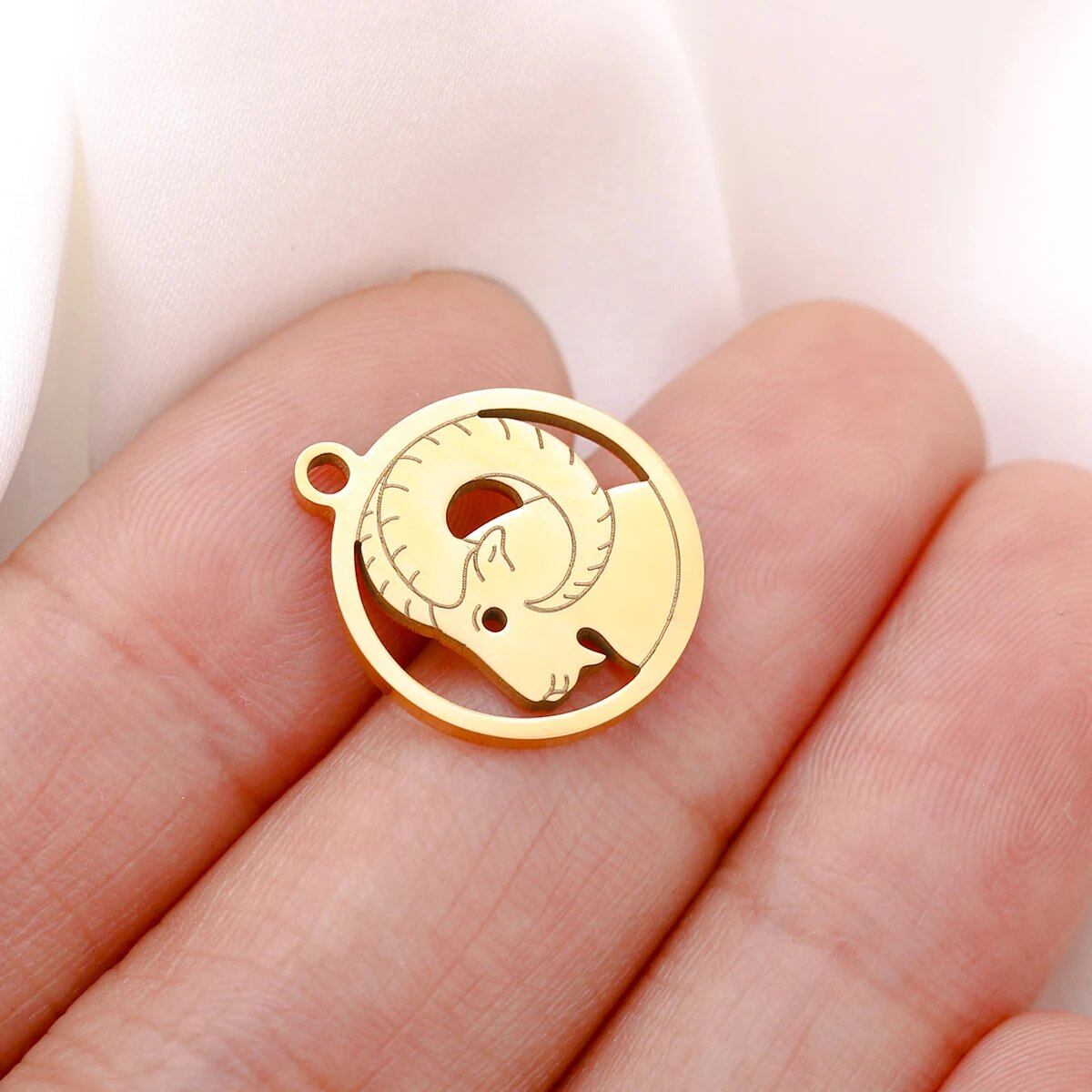 Set of 5 Round Hollow Zodiac Sign Pendants, Stainless Steel, 12 Constellation Charms, DIY Necklace, Bracelet, Jewelry Making, Metal Color: Parallel Import