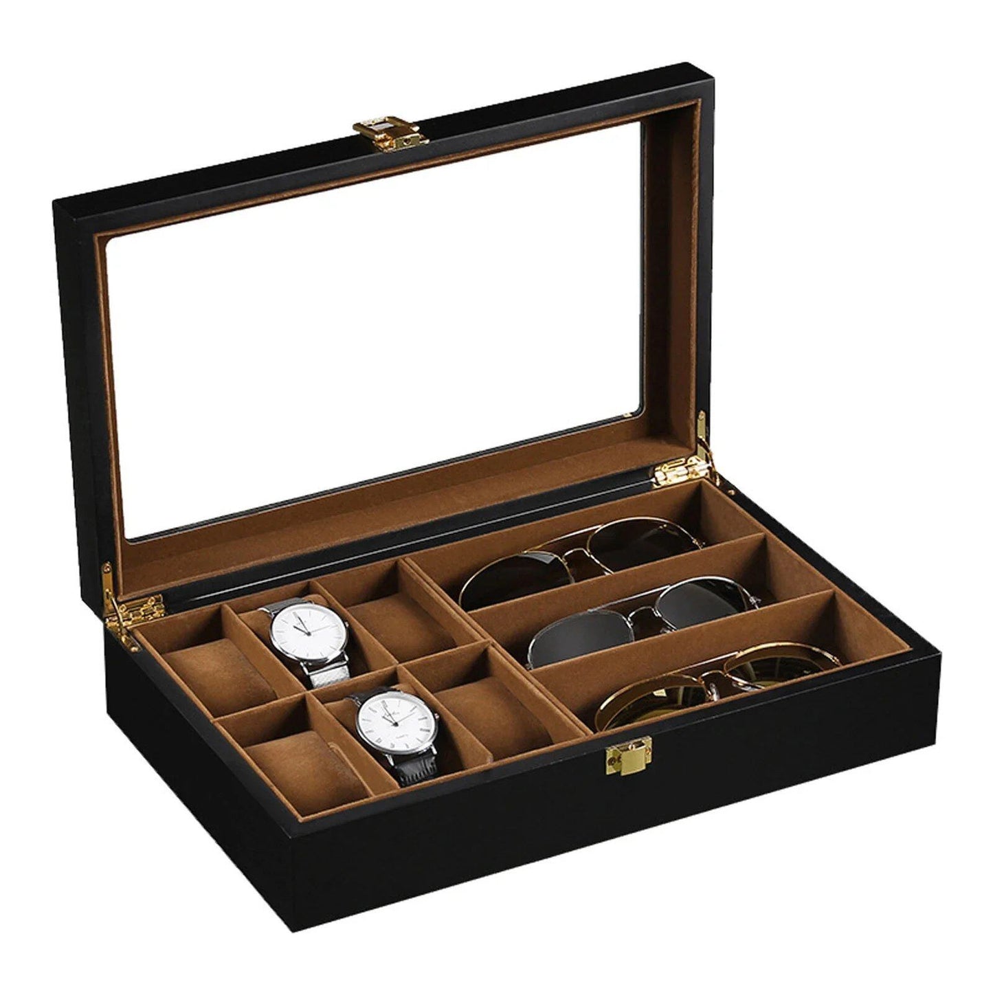 Watch Organizer Box, Holds 6 Watches and 3 Sunglasses, Wooden Watch Case with Glass Top, Perfect Gift for Family and Friends, Parallel Import