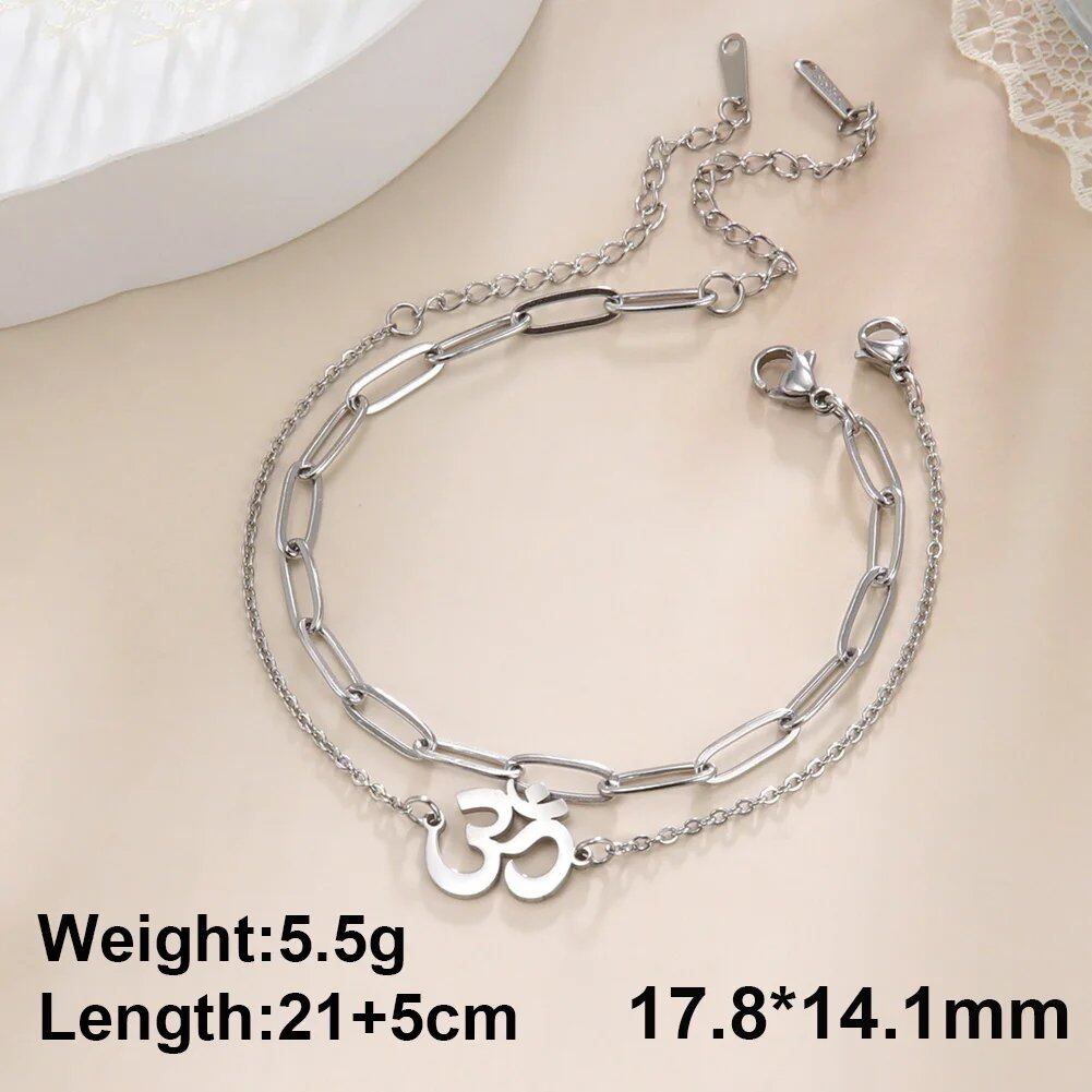Dawapara Om Sanskrit Symbol Anklet Bracelet, Hindu Yoga Ankle Chain Bracelet, Stainless Steel, Spiritual Jewelry, 100cm, Parallel Import