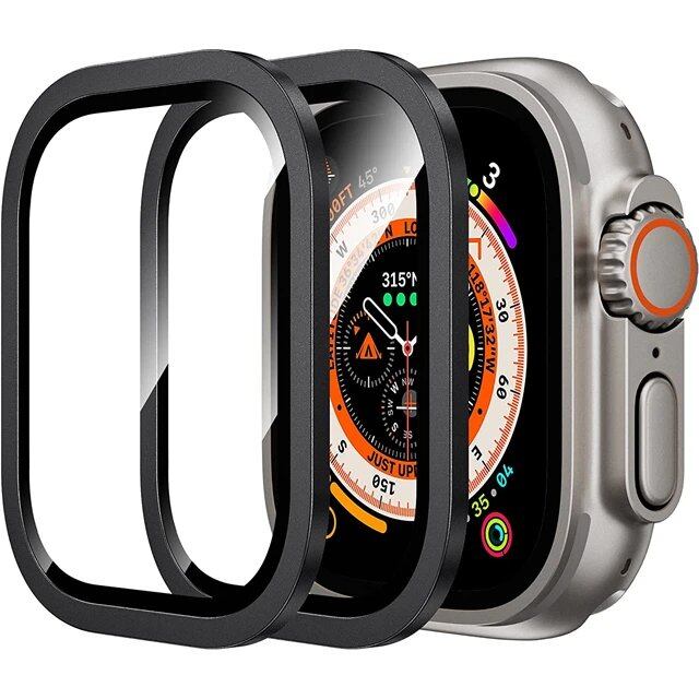 Apple Watch Ultra 49mm / Ultra 2用 ガラス全面保護フィルム 2枚セット メタルフレーム+強化ガラス カラー:;ダイアル直径:ウルトラ1 2 49mm 2個 並行輸入品