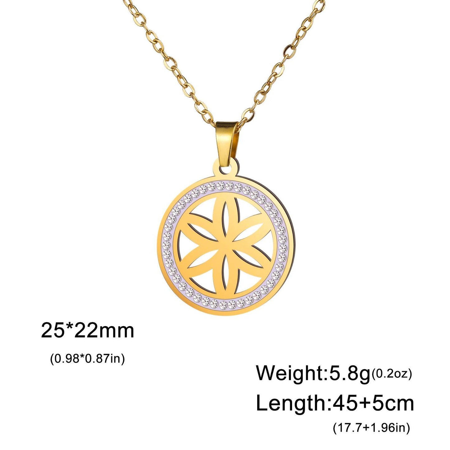 Skyrim Flower Seed of Life Necklace for Women, Stainless Steel with Clear Zircon Round Pendant, Sacred Geometry Spiritual Amulet Jewelry, Length: 45-50cm; Metal Color, Parallel Import