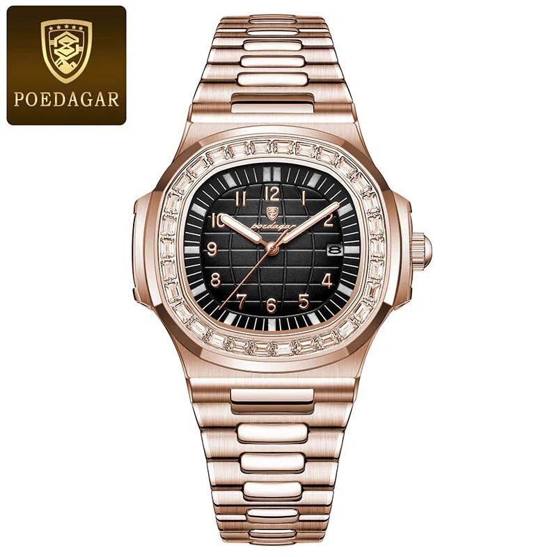 POEDAGAR Stainless Steel Men's Watch, Waterproof, Business Style, with Calendar, Quartz Movement, Luxury Laminated Square Design, Parallel Import