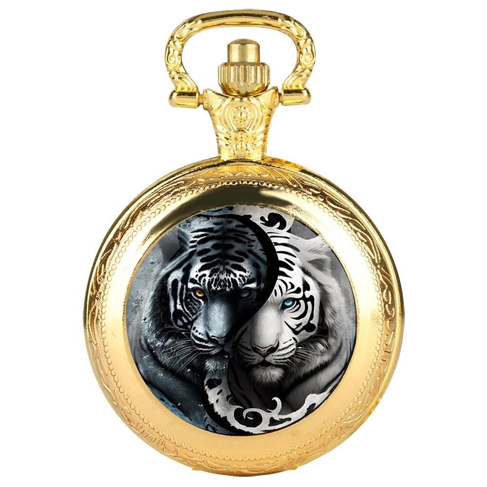 Classic Tiger Cool Design Vintage Quartz Pocket Watch with Glass Dome, Pendant Necklace Chain for Men and Women, Gift for Kids, Color: ZHP4-003, Parallel Import