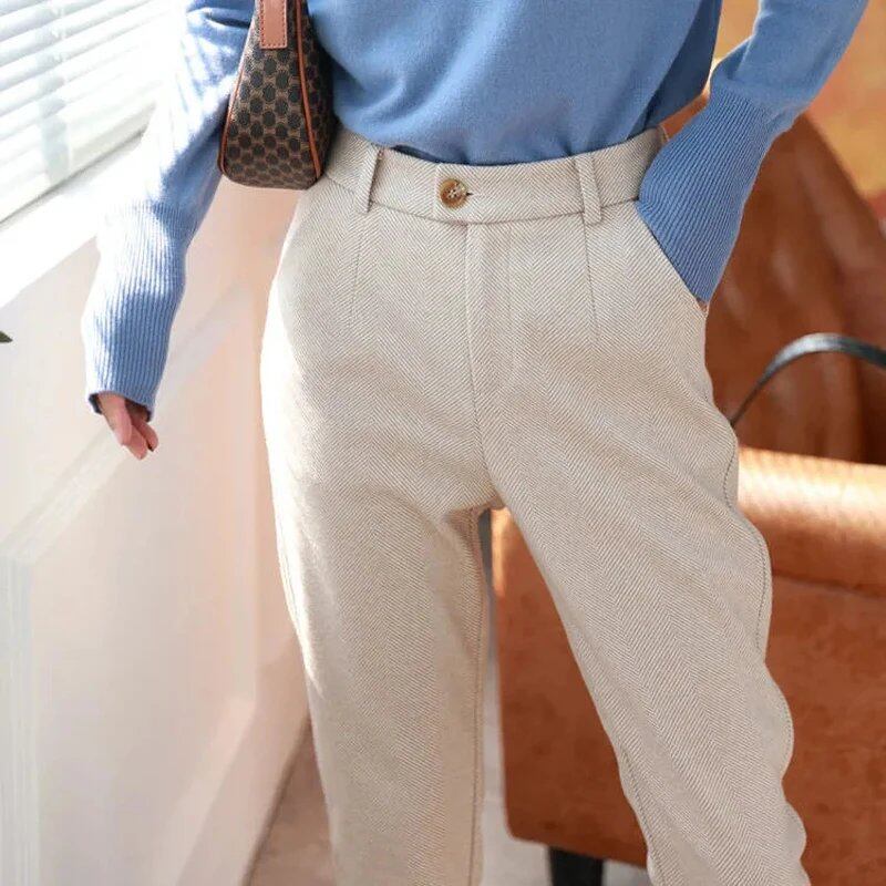 Women's Wool Harem Pencil Pants, Fall/Winter 2024, High-Waisted, Casual Suit Pants, Wide-Leg Pants for Office Ladies, Size: Parallel Import