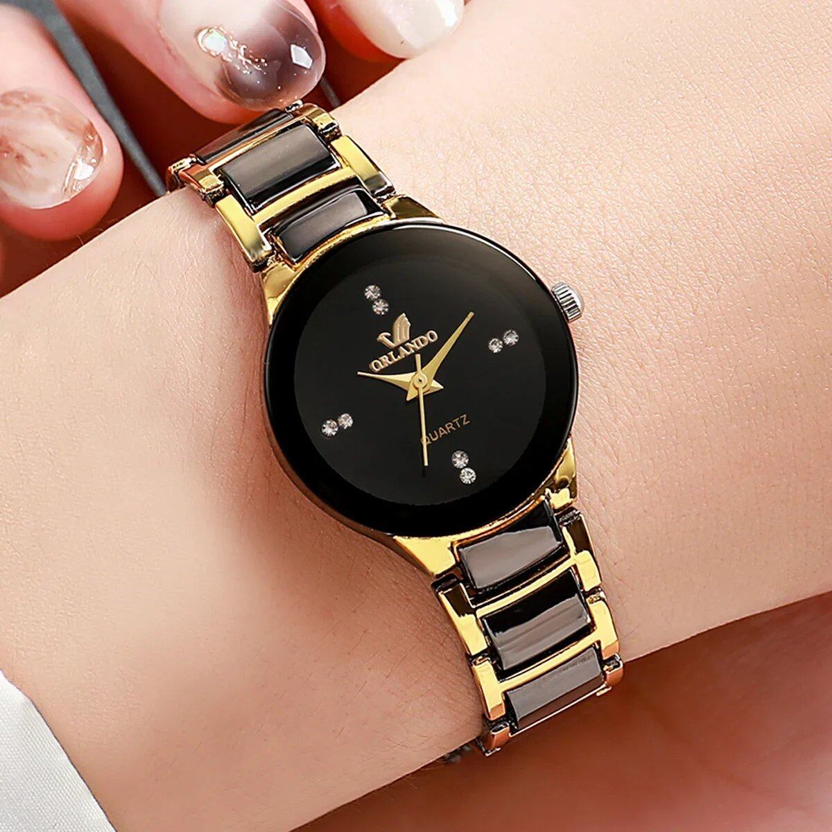Fashion Rhinestone Women's Watch with Stainless Steel Band, Analog Quartz Watch, Color: Black; Customization Unavailable, Parallel Import