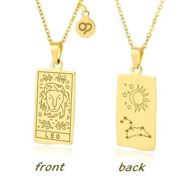 Stainless Steel 12 Zodiac Sign Necklace for Women, Zodiac Pendant, Gold Plated Square Clavicle Chain, Birthday Jewelry, Metal Color: Parallel Import