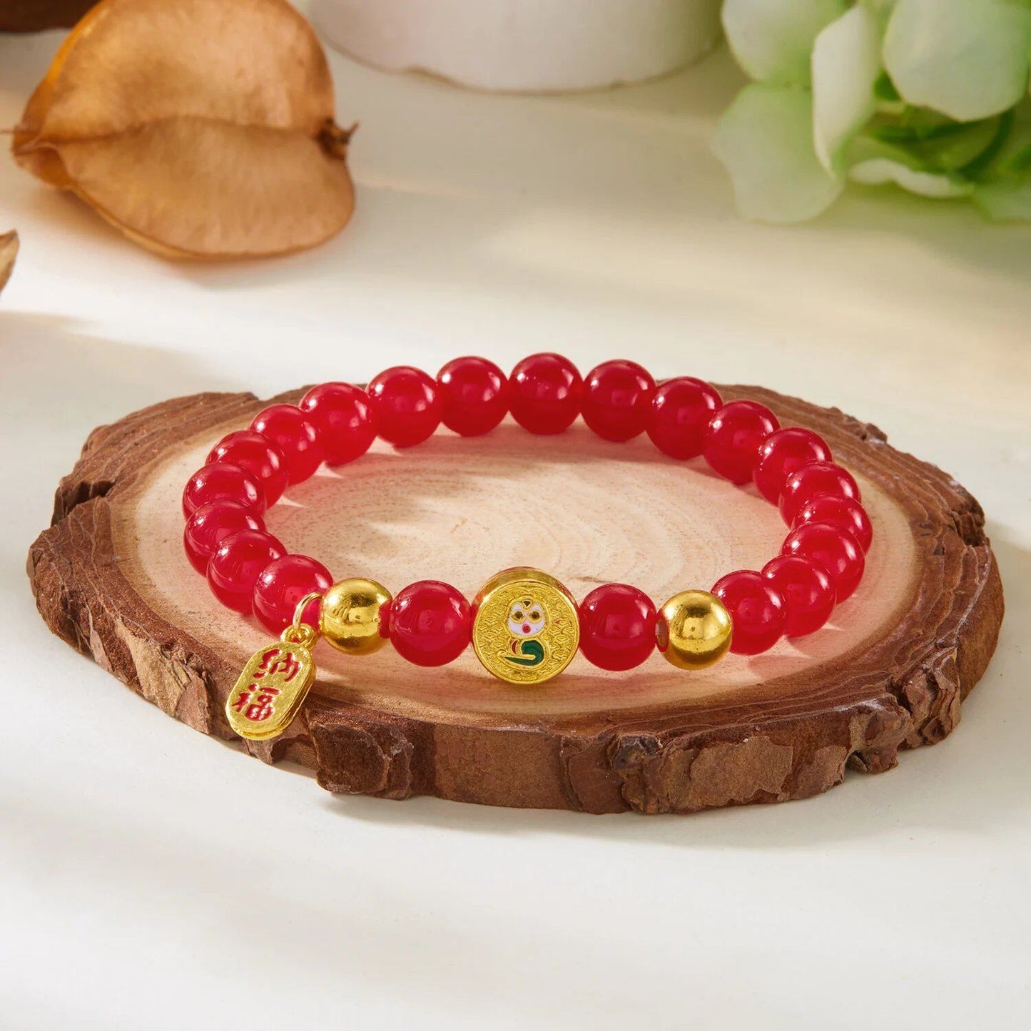 Wind Zodiac Snake Bracelet for Men and Women, Bringing Wealth, Health, and Good Fortune, Red Beads, Couple's Bracelet, Jewelry Gift, Metal Color: BR24Y0777 - Parallel Import