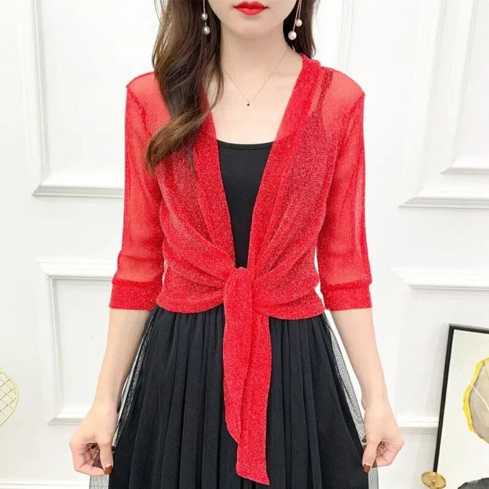 Glitter Tie-Up Open Front Shrug, Women's Cropped Shawl, Beachwear, Summer, Sun Protection, Air Conditioning Protection, Parallel Import