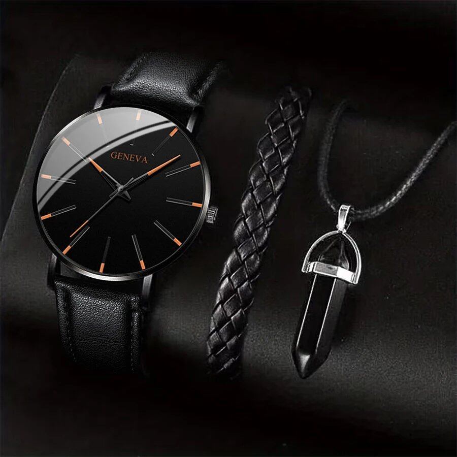 Set of 3 Men's Fashion Watches with Casual Leather Straps, Quartz Watches, and Business Watches, Bracelet & Necklace Set, Color: Set, Parallel Import