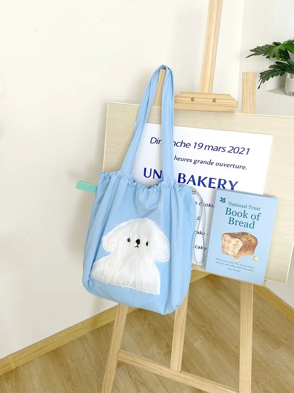 カートゥーン ドッグ刺繍 レディース ショルダーバッグ ドローストリングデザイン 通勤・買い物バッグ 大容量 トートバッグ 色: 並行輸入品