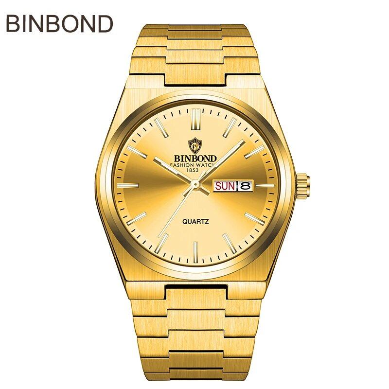 BINBOND Top Brand Luxury Men's Quartz Watch, Original Waterproof, Luminous Display, Date, Day of the Week, Stainless Steel, Color: B102; Customization Unavailable, Parallel Import