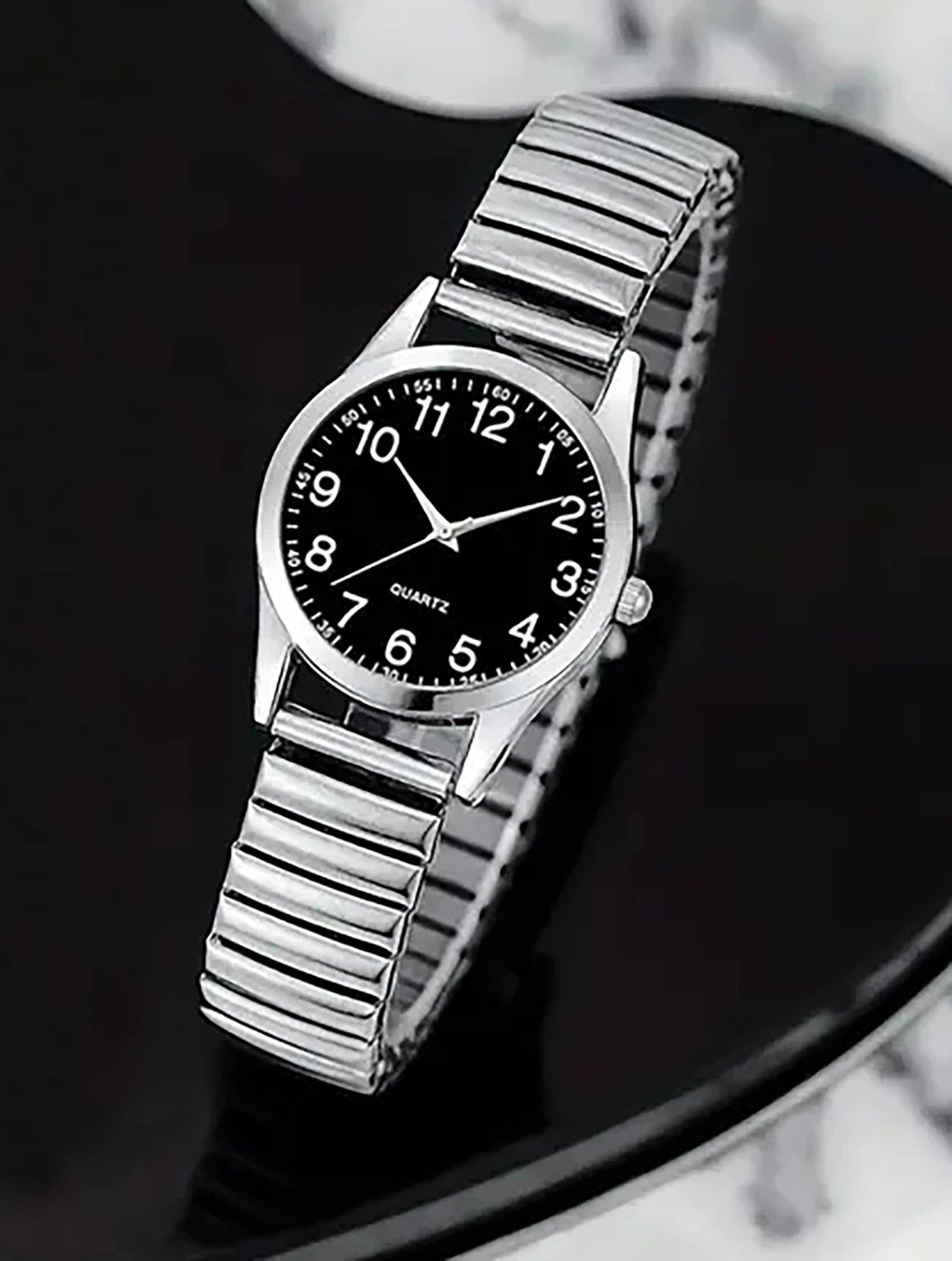 Set of 2 Black Alloy Arabic Numerals Quartz Watches for Men and Women, Elastic Elasto Band, Couple's Gift Set, Color: Parallel Import