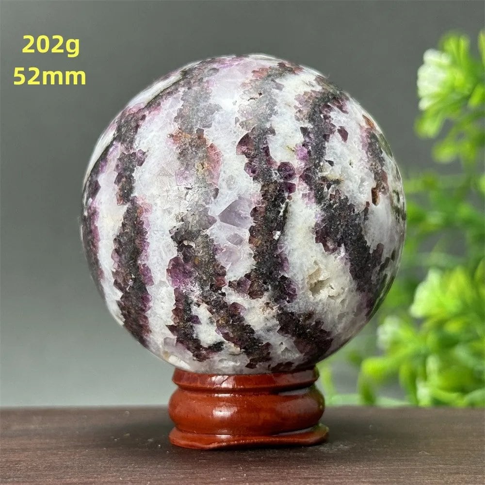 Natural Purple Zebra Fluorite Ball for Reiki Healing, Spiritual Meditation, Chakra Therapy, Magic, Ritual, Divination, Home Decoration, with Stand, Color: A, Parallel Import