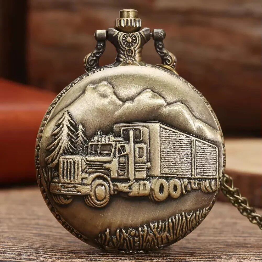 Antique Retro Pendant Necklace Chain Clock Bronze Truck Vintage Stempunk Quartz Pocket Watch for Men, Brown, Parallel Import