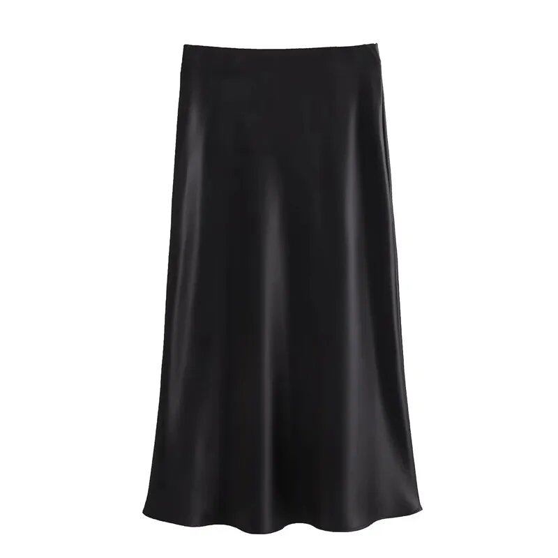 TRAF Women's 2024 High-Waisted Satin Skirt, Long, Summer, Black, Midi Length, Office, Elegant, Size: Parallel Import