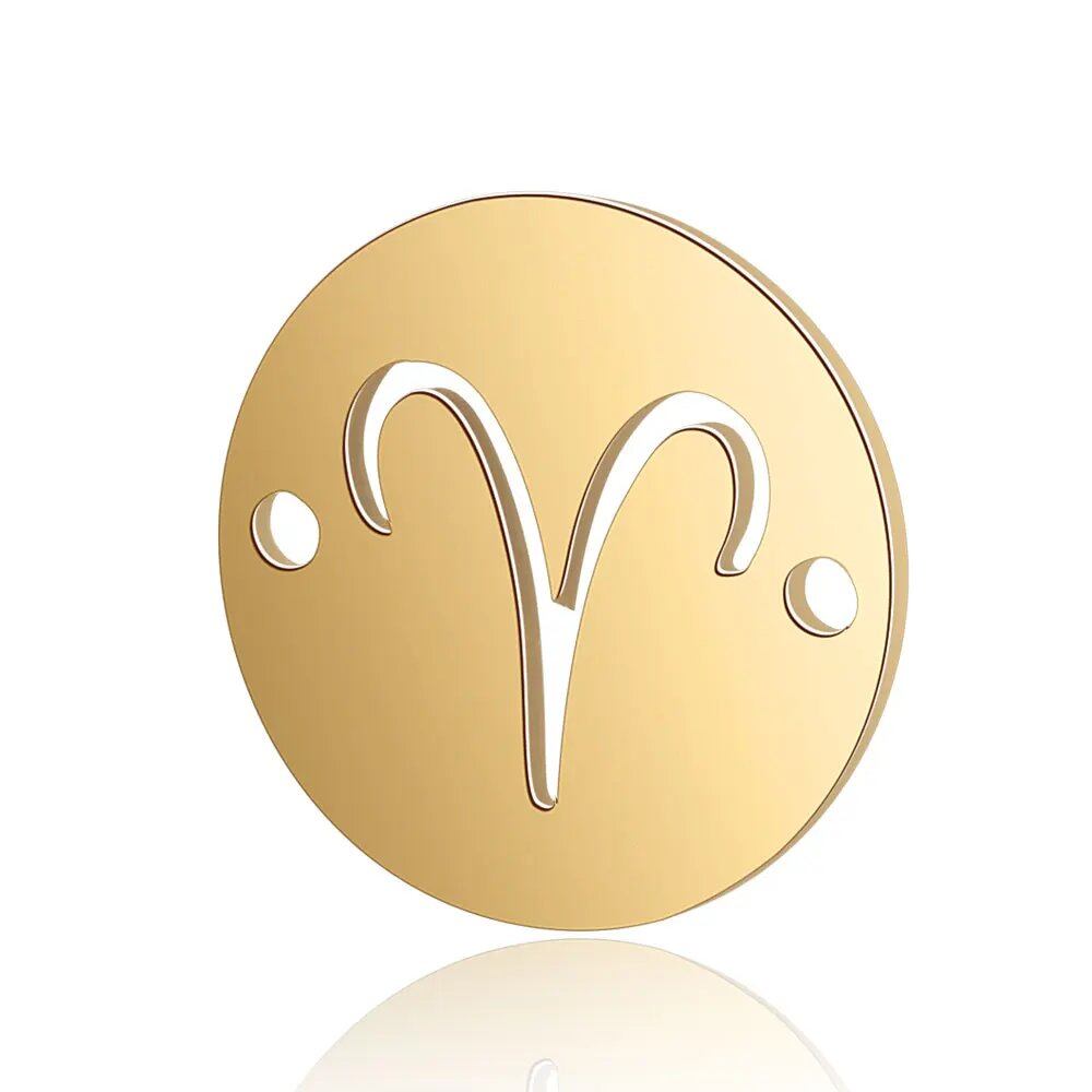 Set of 10 12mm Gold-Colored Round Zodiac Charms, 12 Zodiac Signs, 2-Hole DIY Bracelet Chain Connectors, Metal Color, Parallel Import