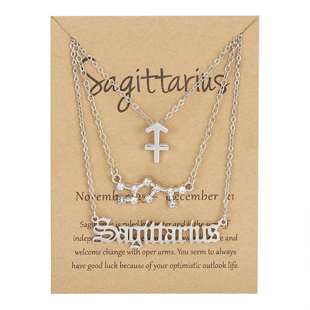 Set of 3 Women's 12 Zodiac Sign Necklaces with Pendant Chains, Chokers, Birthday Jewelry, Cardboard Cards, 45cm Long; Metal Color: 6252, Parallel Import