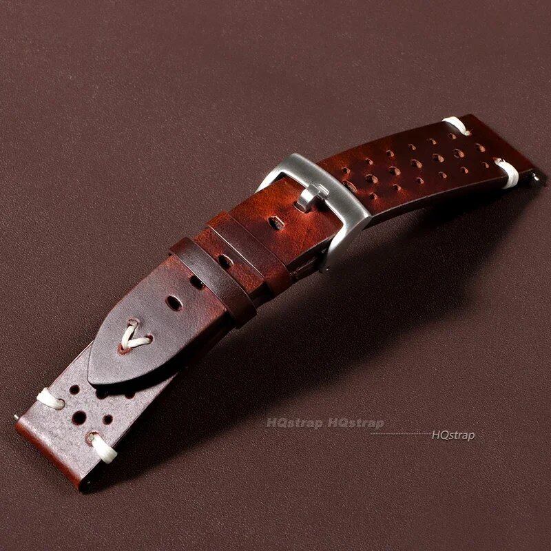 Handmade Genuine Leather Watch Band, Brown/Black, 20mm/22mm, Soft, Men's Vintage Bracelet, Oil-Waxed, Cowhide Leather, Band Color: mm, Parallel Import