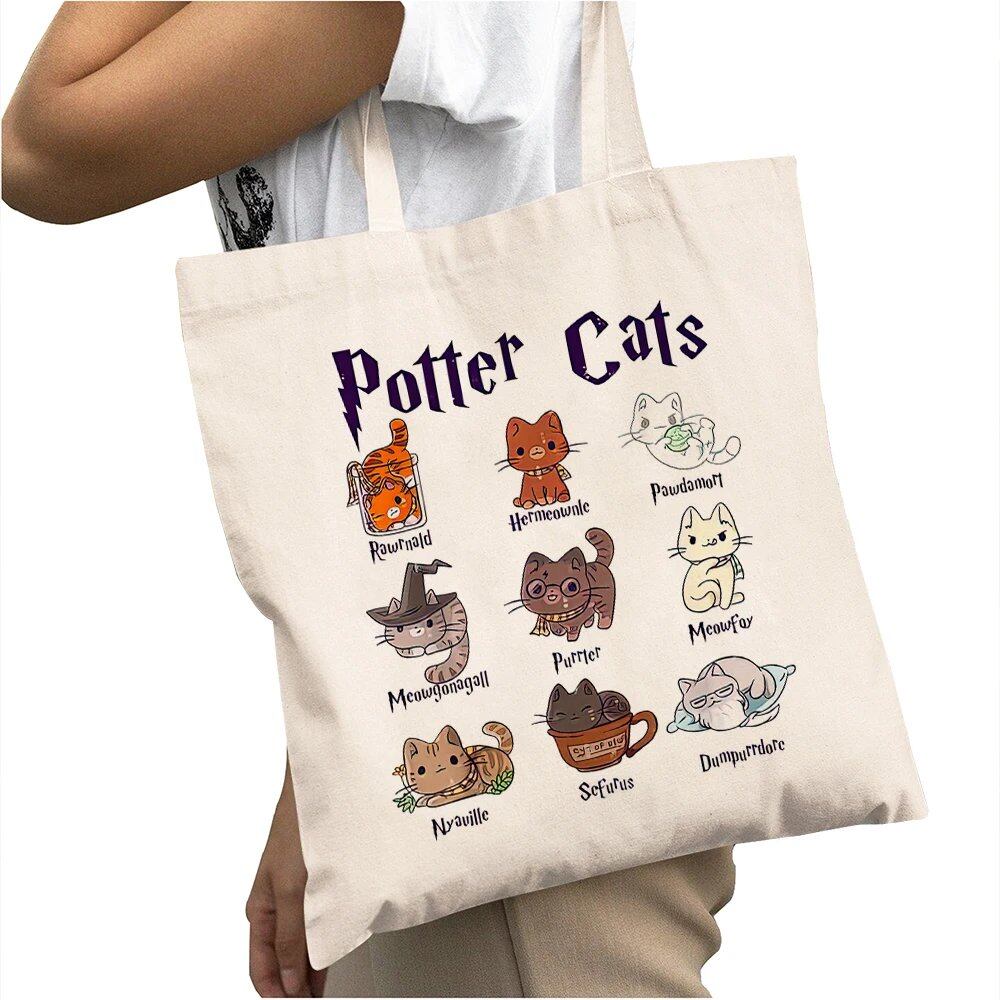 Casual cat print tote bag, large capacity shopping bag for women, stylish and cute cat design, size: 40 x 45cm; color: parallel import