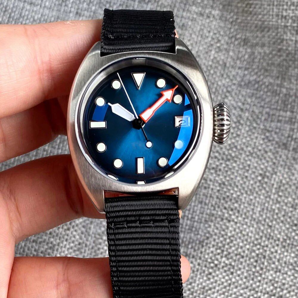 36mm Military Diver Mechanical Watch for Men, NH35, AR Dome Sapphire, Sunburst, Green/Red/Blue, Big Crown, Sport Nylon (No Logo), Parallel Import