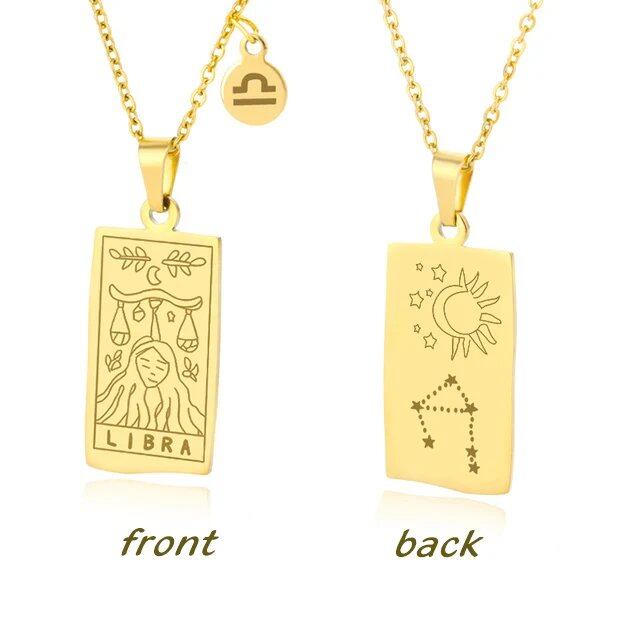 Stainless Steel 12 Zodiac Sign Necklace for Women, Zodiac Pendant, Gold Plated Square Clavicle Chain, Birthday Jewelry, Metal Color: Parallel Import