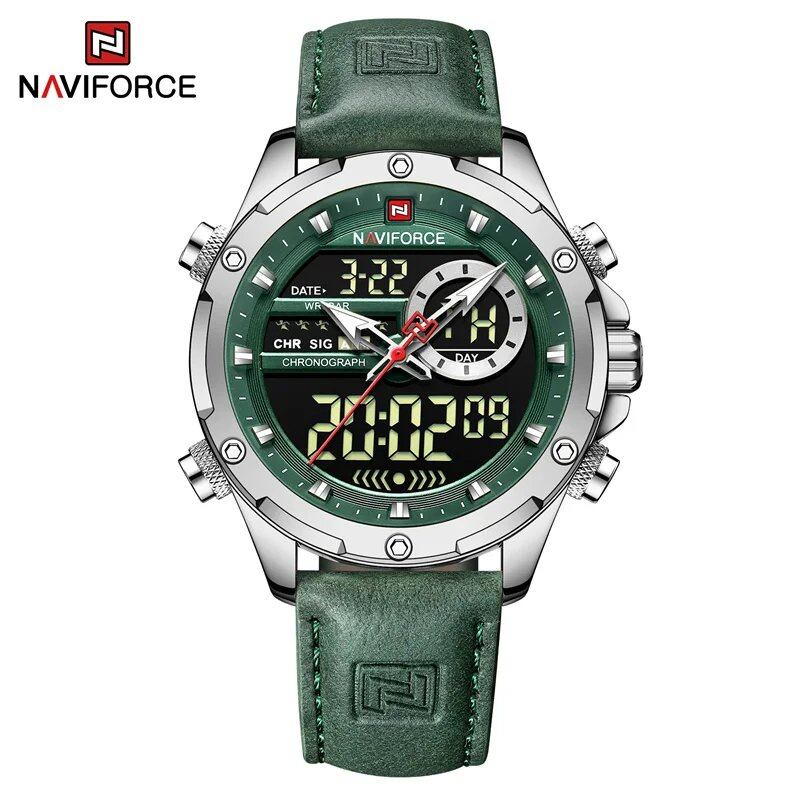NAVIFORCE Men's Luxury Original Watch, Casual Sports Watch with Chronograph, Alarm, Quartz Movement, Leather Strap, Waterproof, Digital Watch, 9163, Color: Parallel Import