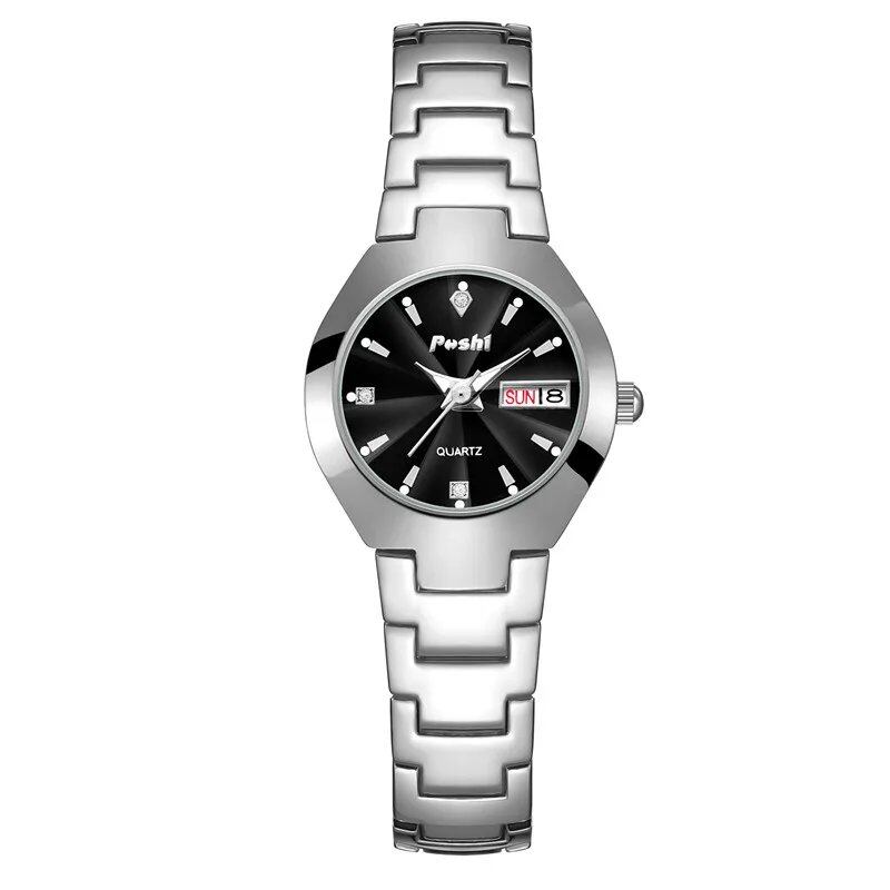 Swiss Brand POSHI Women's Stainless Steel Watch, Simple Design, Waterproof, Luminous, Date and Day Display, Quartz Movement, Elegant Bracelet, Gift-Ready, Parallel Import