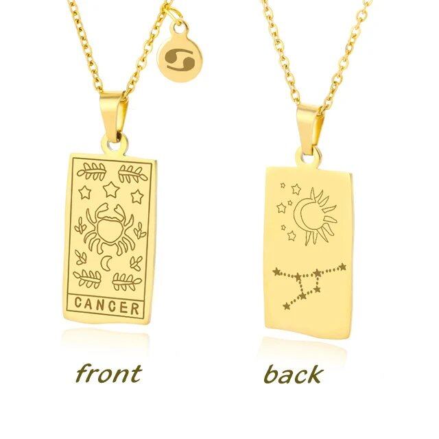 Stainless Steel 12 Zodiac Sign Necklace for Women, Zodiac Pendant, Gold Plated Square Clavicle Chain, Birthday Jewelry, Metal Color: Parallel Import