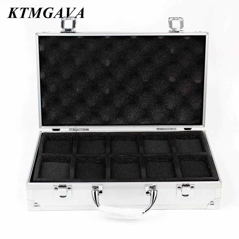 10/12" 18-Division Grid Aluminum Alloy Black Watch Storage Box, Jewelry Collection Box, Portable, Large Capacity, High-Quality Gift Box, Parallel Import