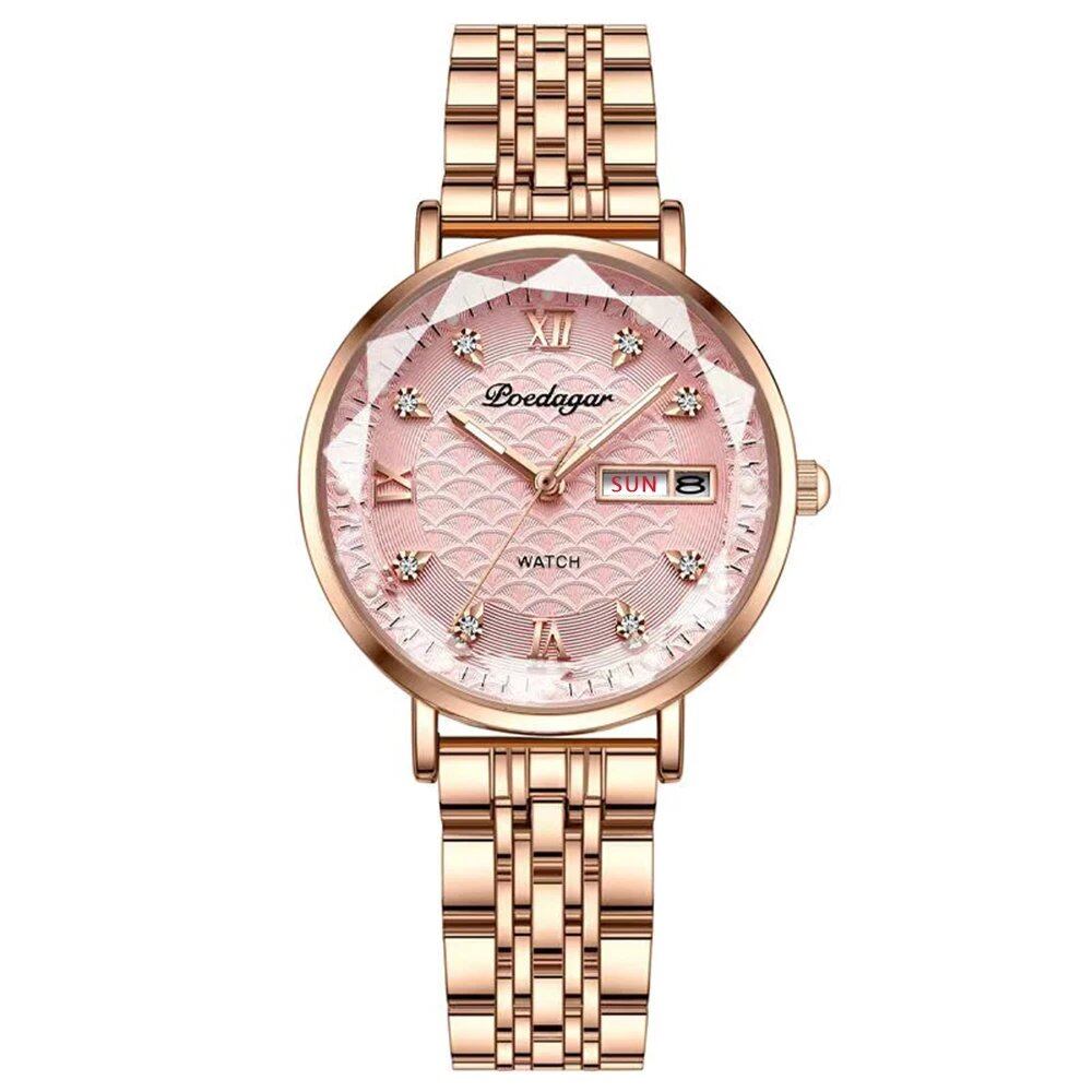 POEDAGAR Women's Watch, New Fashion, Luxury Stainless Steel Bracelet, Simple Rose Gold, Waterproof, Luminous, Color: 3011, Rose Gold, Parallel Import