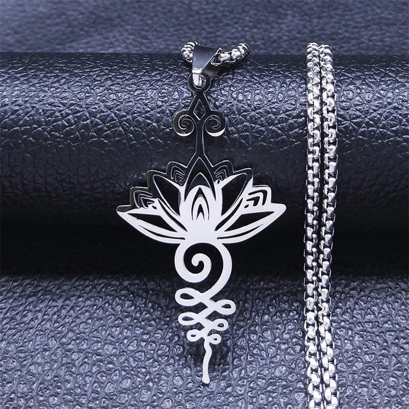 Hippie Stainless Steel Yoga Lotus Necklace for Women/Men, Spiritual Chakra Symbol Flower of Life Necklace, Jewelry Color N7067S02, Metal Color, Parallel Import