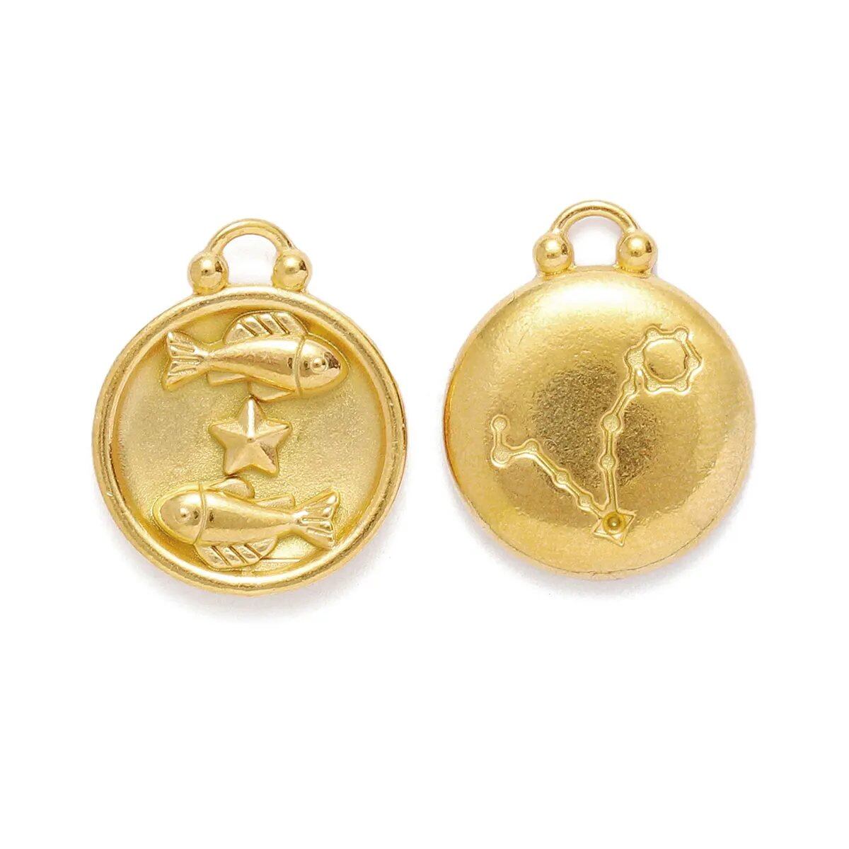 Set of 5 Stainless Steel Zodiac Charms, Round Zodiac Pendants, DIY Jewelry Making Supplies, Wholesale, Metal Color: XF500-x5, Parallel Import