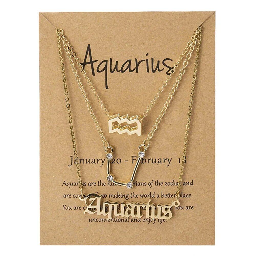 Set of 3 Women's 12 Zodiac Sign Necklaces with Pendant Chains, Chokers, Birthday Jewelry, Cardboard Cards, 45cm Long; Metal Color: 6252, Parallel Import